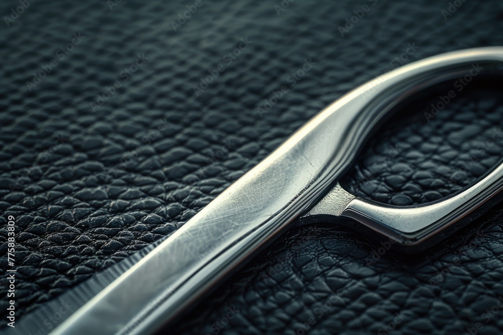 Poster close up of scissors on leather, suitable for crafting projects