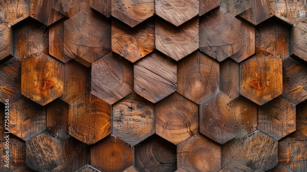 Aufkleber Detailed view of a wooden wall with hexagonal pattern. Suitable for backgrounds and textures