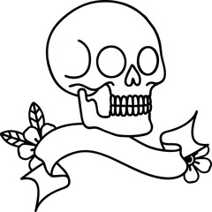 traditional black linework tattoo with banner of a skull