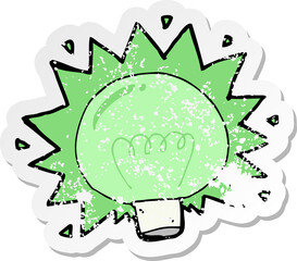retro distressed sticker of a cartoon flashing green light bulb