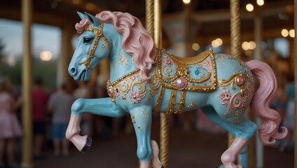 Fototapeta na wymiar A vintage carousel horse, painted in pastel pinks, blues, and yellows, adorned with golden accents and sparkling gems Generative AI