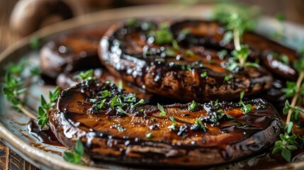 Savory Grilled Portobello Mushrooms Decorated with Fresh Herbs on a Wooden Surface