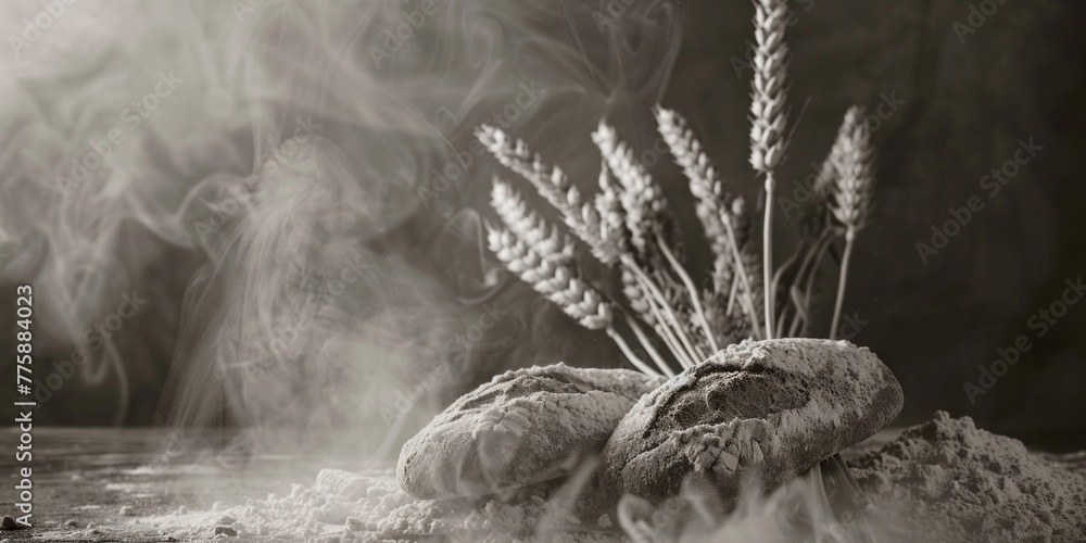 Poster a simple yet striking image of a bunch of wheat in black and white. perfect for agricultural or food