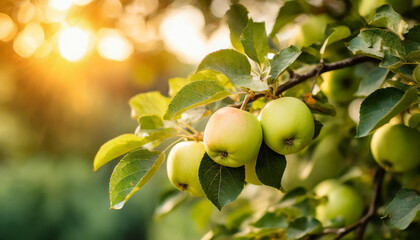 Close-up of ripe apples growing on branch with green leaves. Garden fruit tree. Sweet summer harvest