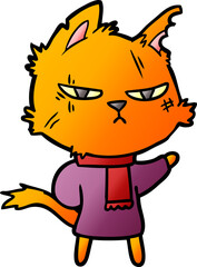tough cartoon cat in winter scarf