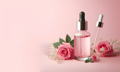 Obraz na płótnie Canvas Essential rose oil in cosmetic bottle near fresh rose flowers against pink background. Top view cosmetics flat lay, generative ai