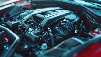 Close up of a car engine under the hood, perfect for automotive industry use