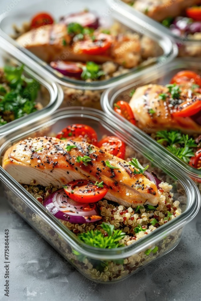 Poster four plastic containers filled with different types of food. ideal for meal prepping or food storage
