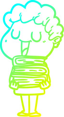 cold gradient line drawing of a laughing cartoon man with books
