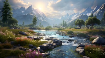 Panoramic view of the mountain river. Mountain river landscape.