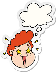 cartoon happy face with thought bubble as a printed sticker