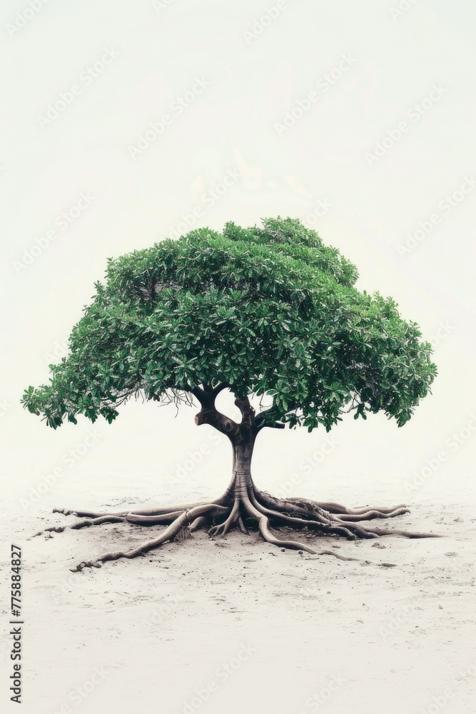 Poster a single tree with roots above ground, suitable for nature themes