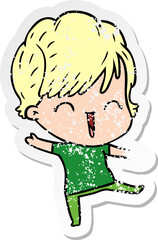 distressed sticker of a cartoon laughing woman