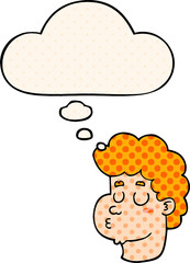 cartoon male face with thought bubble in comic book style