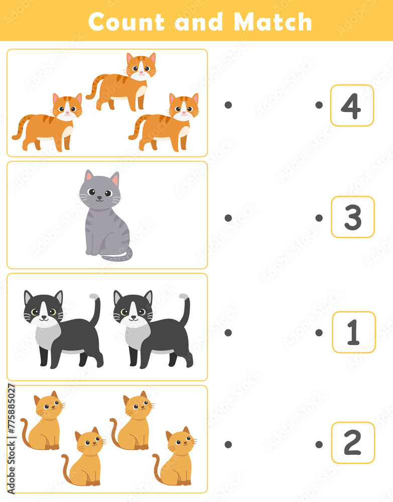 Wall mural Counting educational children game. Math kids activity sheet. How many counting game with cute cat illustration.	