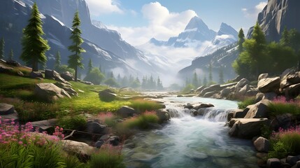 Panoramic view of alpine landscape with mountain river and forest