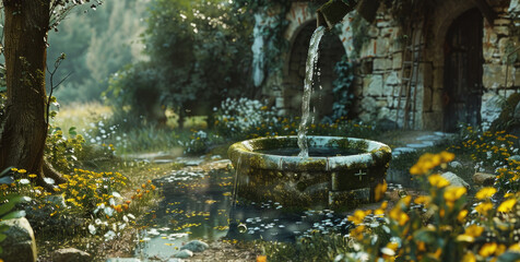 A beautiful fountain in a garden, perfect for outdoor design projects - obrazy, fototapety, plakaty