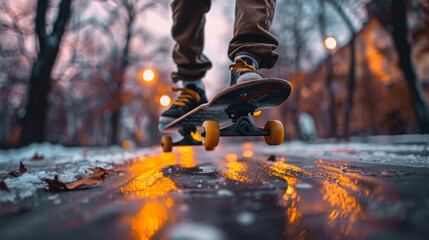 Color photo of skateboard, pro skateboarder. Close-up of skateboard with yellow wheels on sidewalk. 