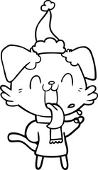 hand drawn line drawing of a panting dog wearing santa hat