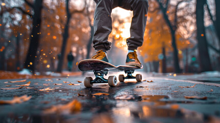 Color photo of skateboard, pro skateboarder. Close-up of skateboard with yellow wheels on sidewalk.  - obrazy, fototapety, plakaty