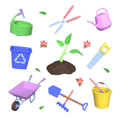 Set of various working tools for gardening. Garden tool. Illustrations of elements for gardening and agriculture. 3d rendering