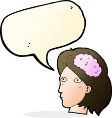 cartoon female head with brain symbol with speech bubble