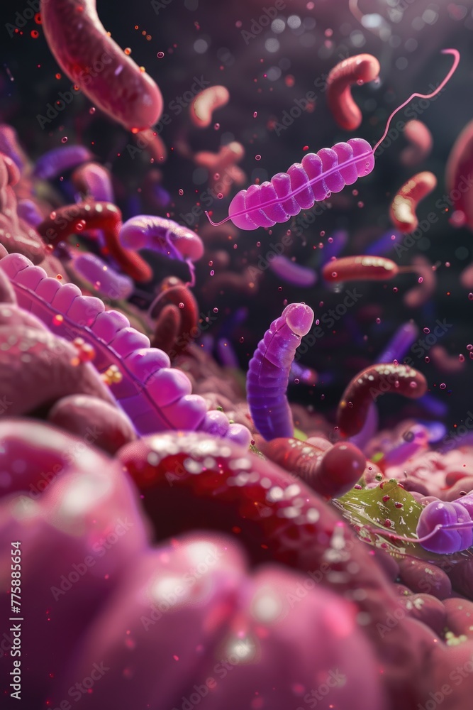 Poster purple and red cells floating in the air. suitable for medical or scientific concepts