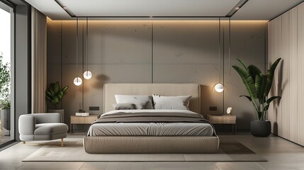 Modern Minimalism Style Bedroom Interior In Beige and grey Tones