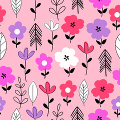 Seamless pattern with colorful flowers. Hand drawn floral pattern for your fabric, summer background, gift paper, wallpaper, backdrop, textile. Vector illustration