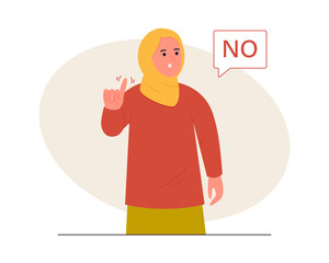 Woman in a hijab says no and showing stop with one finger, taboo sign, negates with a facial expression. Concept of denial, refusal. Vector illustration