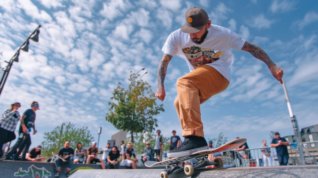 Color photo of skateboard, pro skateboarder.	