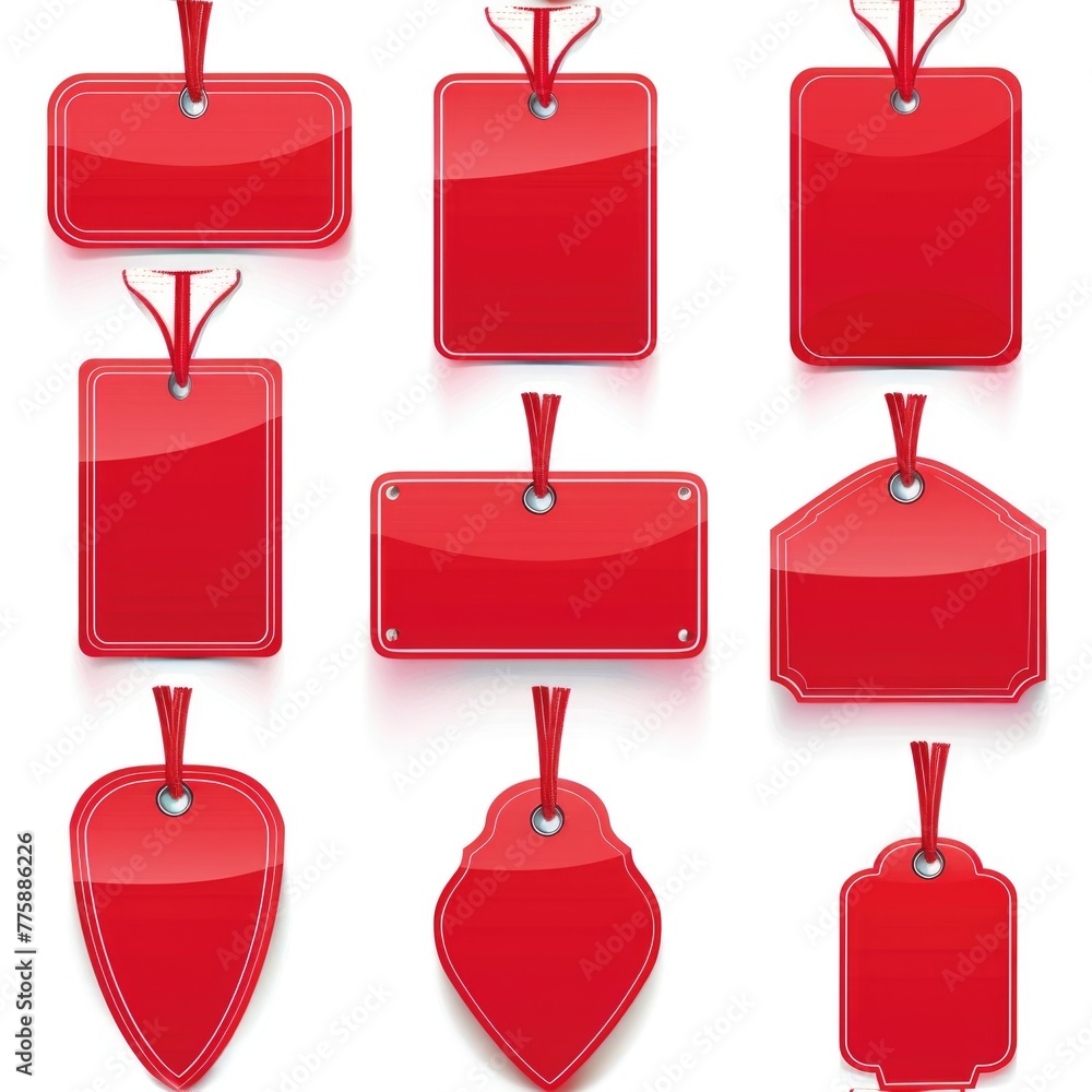 Poster A set of red tags and tags on a white background. Can be used for price tags or promotion concepts