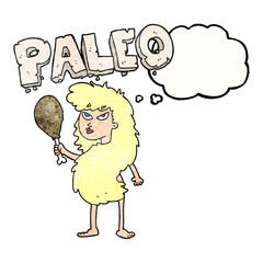 freehand drawn thought bubble textured cartoon woman on paleo diet