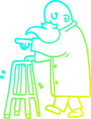 cold gradient line drawing of a cartoon old man pointing