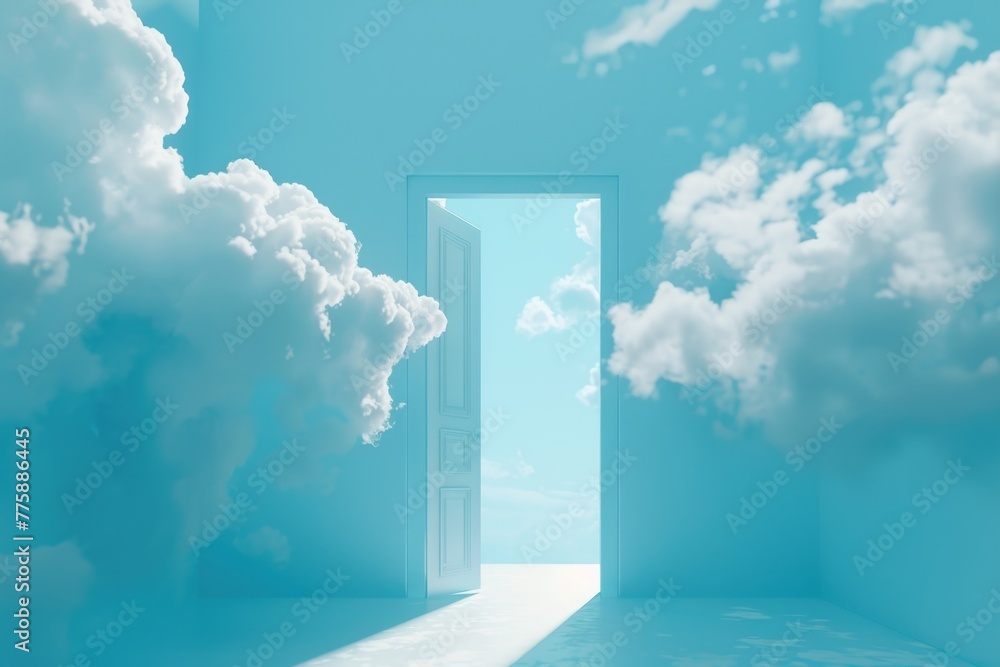 Aufkleber an open door leading to a beautiful sky with fluffy clouds. perfect for concepts of freedom and new 