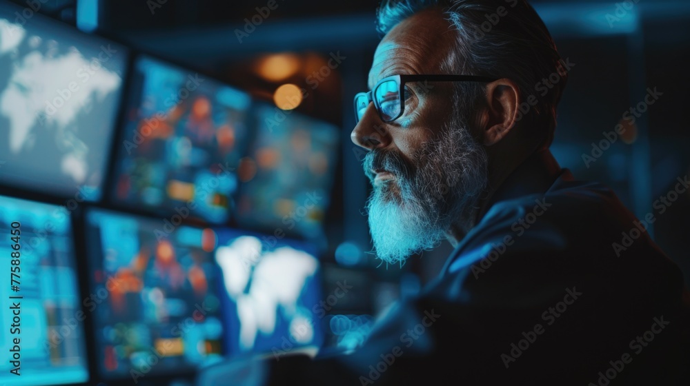 Poster A man with a beard and glasses looking at multiple monitors. Suitable for technology and surveillance concepts