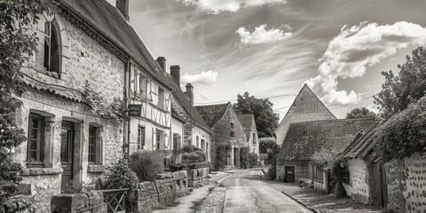 A classic black and white photo of a cobblestone street. Suitable for urban themes