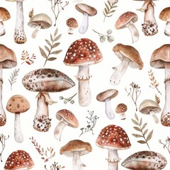 A simple pattern of mushrooms and leaves on a white background. Ideal for nature-themed designs