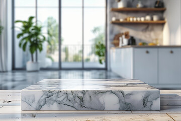 Empty marble podium and blur background of a white kitchen