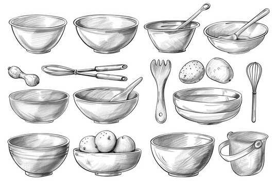 Naklejki Drawing of various bowls and spoons, suitable for kitchen or cooking themes
