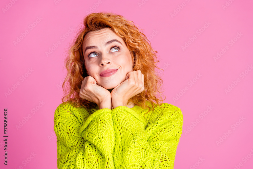 Sticker Photo of dreamy lovely funny girl wear stylish green clothes arm under chin face empty space isolated on vivid pink color background