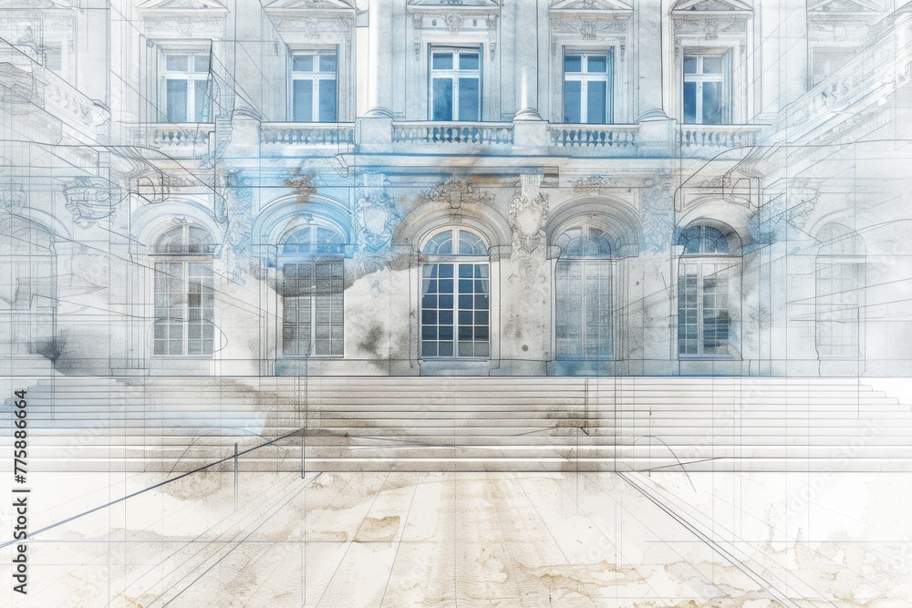 Poster Architectural drawing of a building with a staircase, suitable for architectural projects and real estate concepts