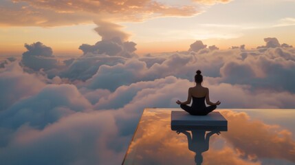 Person Sitting in Yoga Position on Cloud Platform - obrazy, fototapety, plakaty