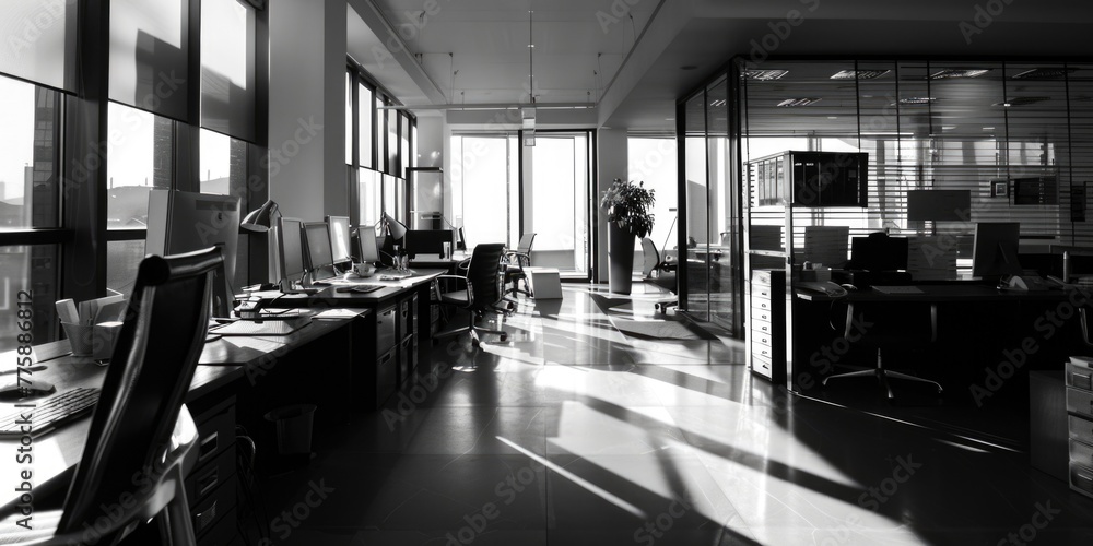 Poster a monochromatic image of an office interior. suitable for business and office-related projects