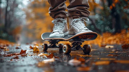 Fotobehang Color photo of skateboard, pro skateboarder. Close-up of skateboard with yellow wheels on sidewalk.  © steve