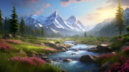 Beautiful panoramic landscape with a mountain river in the foreground