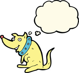 cartoon happy dog in big collar with thought bubble