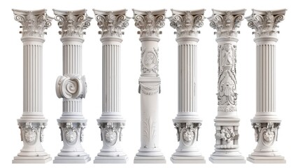 A row of white columns with intricate carvings, suitable for architectural projects