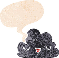 cute cartoon cloud with speech bubble in grunge distressed retro textured style