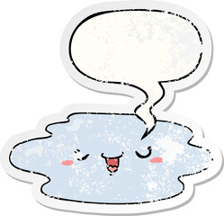 cartoon puddle with face with speech bubble distressed distressed old sticker
